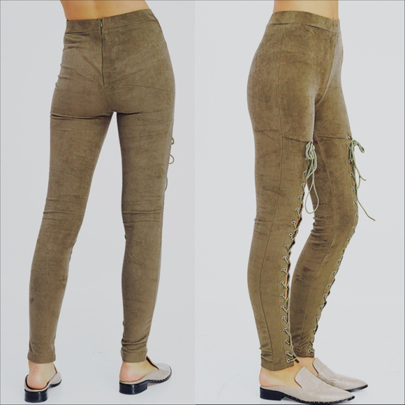 OLIVE LACEUP SUEDE PANTS - Picture 2 of 2